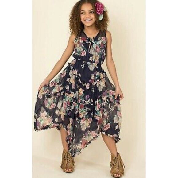 Joyfolie Mia joy Girls Maxi Dress Floral Tiered Handkerchief Hem Boho size 12 - Picture 1 of 5